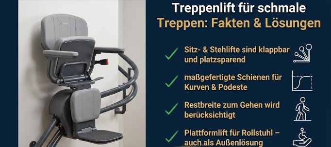 Infografik zum Treppenlift für schmale Treppen: Vorteile von klappbaren Sitzliften und maßgefertigten Schienen für enge Flure – Aufzug LuS
